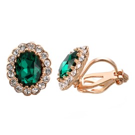Yoursfs Large Emerald CZ Oval Clip on Earrings for Women Gold Flower Rhinestone Non Pierced Clip-on Earrings for Bridal Jewelry
