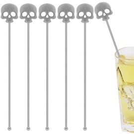 TOCCOOL Silver Skull Cocktail Stir Sticks - Reusable Stainless Steel Bar Stirrers, Gothic Style Mixing Tools for Cocktails & Themed Parties (6 PCS)