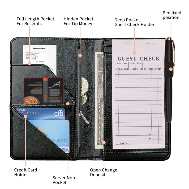 Server Books for Waitress Waiter with Zipper Pocket, Pink Glitter