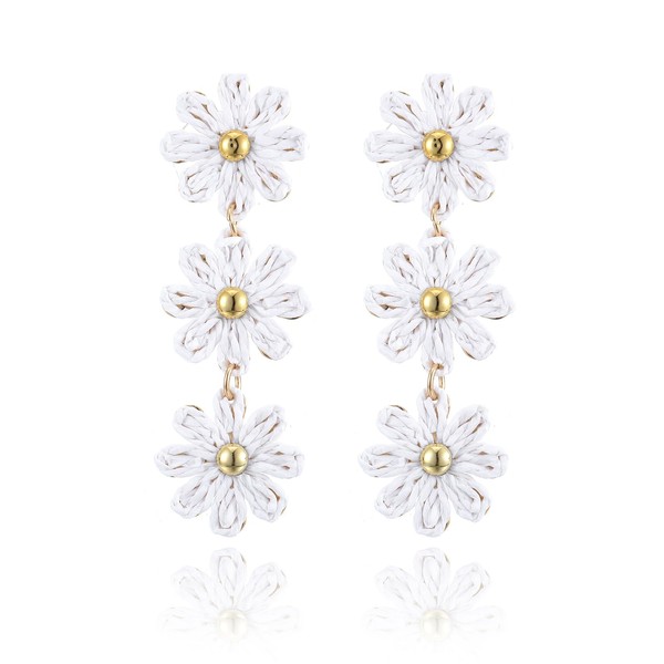 RUOFFETA Raffia Daisy Flower Earrings, Raffia Straw Wrapped Daisy Drop
