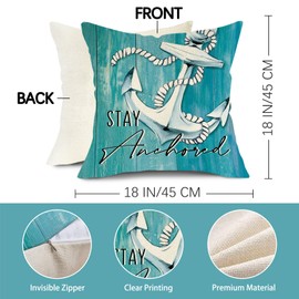 Fjfz Nautical Anchor Blue Decorative Throw Pillow Covers 18 x 18 Set of 2, Coastal Stay Anchored Navigation Voyage Porch Outdoor Home Decor, Beach Farmhouse Sea Ocean Cruise Lover Couch Cushion Case