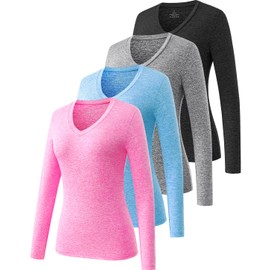 Ullnoy Women's Long Sleeve V Neck T Shirts Long Sleeve Workout Tops for Women V Neck Moisture Wicking Long Sleeve Tee 4 Pack Black/Gray/Blue/Pink M
