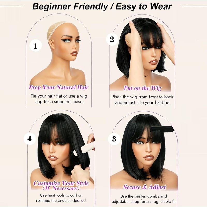 Amaattee Black Bob Wig with Bangs 12 Inch Short Straight
