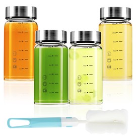 Glass Juice Bottles, with Stainless Steel Lids and Brush, 4 Pack Reusable Wide Mouth Glass Water Bottles, BPA-Free, Leakproof Borosilicate Smoothie Bottles for Juicing, Milk, Coffee, Tea (12 oz)