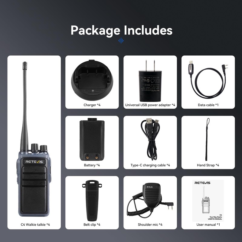 Retevis MateTalk C4 Walkie Talkie with Mic,Smart Voice Adjustment, 2500mAh,