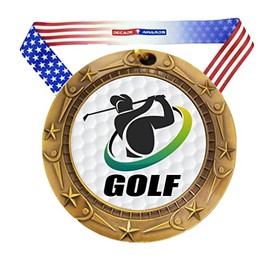 Decade Awards Golf Medal - Gold | 1st Place Golf Tournament Medal 3 Inch Wide with Stars and Stripes Neck Ribbon - Customize Now (Gold-SSNB)