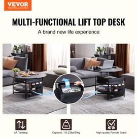 VEVOR Round Lift Top Coffee Table for Living Room, 35.3 in Round Coffee Table with Storage and Hidden Compartment, Circle Coffee Table with LED Light, Black