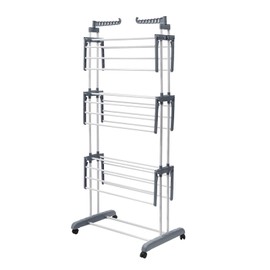 Kaichenyt Clothes Drying Rack 4 Tier Gray Folding Stainless Steel Clothes Horses Rack with Wheels Laundry Garment Dryer Stand Large Movable Drying Rack