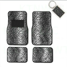 MB Wheels A Set of 4 Universal Fit Animal Print Carpet Floor Mats for Cars/Truck and 1 Key Fob - Snow Leopard
