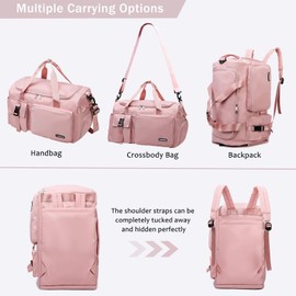 REVOTRA Sport Gym Bag for Women Men, Weekend Carry on Bag with Shoe Compartment, Travel Convertible Duffle Bag with Wet Pocket, Large Overnight Holdalls, Waterproof Fabric, Pink