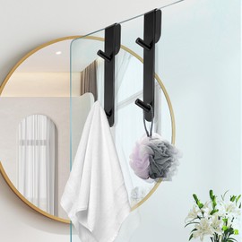 Over The Shower Door Hooks,2 Pack Removeable Double Bathroom Shower Hanger for Frameless Glass Door Hanging Bathrobe Towel,Extended Black Stainless Steel Heavy Duty Drill Free Holder 7.1 Inch 12mm