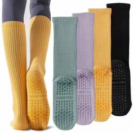 Grip Pilates Socks for Women, Yoga Socks with Grips Non Slip Grippy Pilates Stockings for Barre Reformer Hospital Home (CA/US, Alpha, One Size, Regular, Regular, 4)