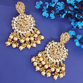 Efulgenz Indian Earrings for Women Indian Bollywood Faux Pearl Crystal Kundan Rhinestone Wedding Bridal Chandelier Long Earrings Jewelry Set