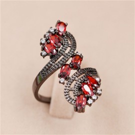 Uloveido Girls Red Stone Open Flower Ring Black Color for Women with Red Cubic Zirconia Crystal Christmas Birthday Jewellery Ring Gift (Size S) J656