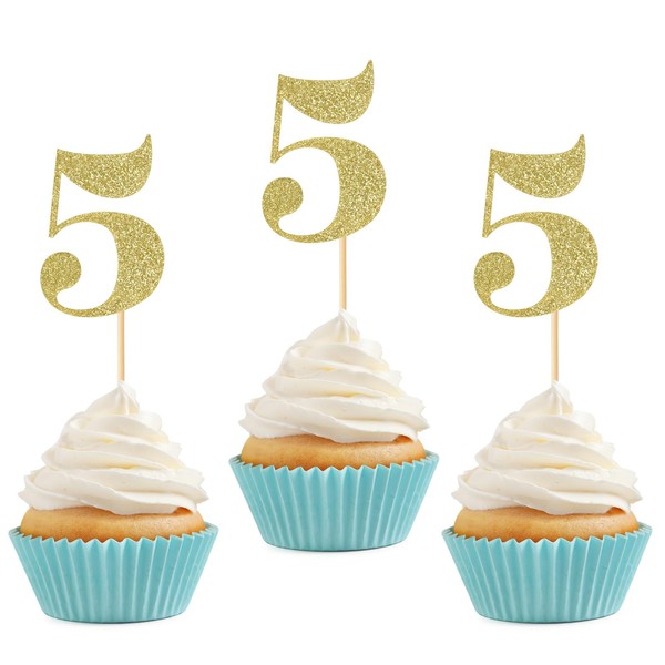 24 piezas de adornos para cupcakes de 5º cumpleaños, número 5, púas de purpurina para tartas de 5º año, aniversario, celebración, quinto cumpleaños, decoración de magdalenas, color dorado