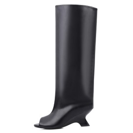FancyQueen Black Knee High Boots for Women, Slouchy Wide Calf Wedge Heel Boots Open Toe Tall Boots Peep Toe Long Booties, Size 9