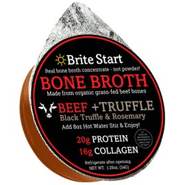 Brite Start Bone Broth - Beef + Black Truffle & Rosemary - 12 Count - Keto Friendly Concentrate Packed with 16g Collagen 20g Paleo Protein -Made from Grass Fed Beef Bones- Single Serve Packets