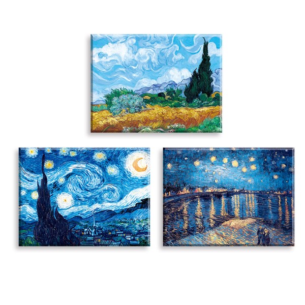 PIY PAINTING Starry Night Famous Oil Painting Reproduction Oil Painting Wheat Field Cypress Night on Rhone Natural Landscape Wall Art Decoration for Living Room Gift 40 x 30 cm Set of 3