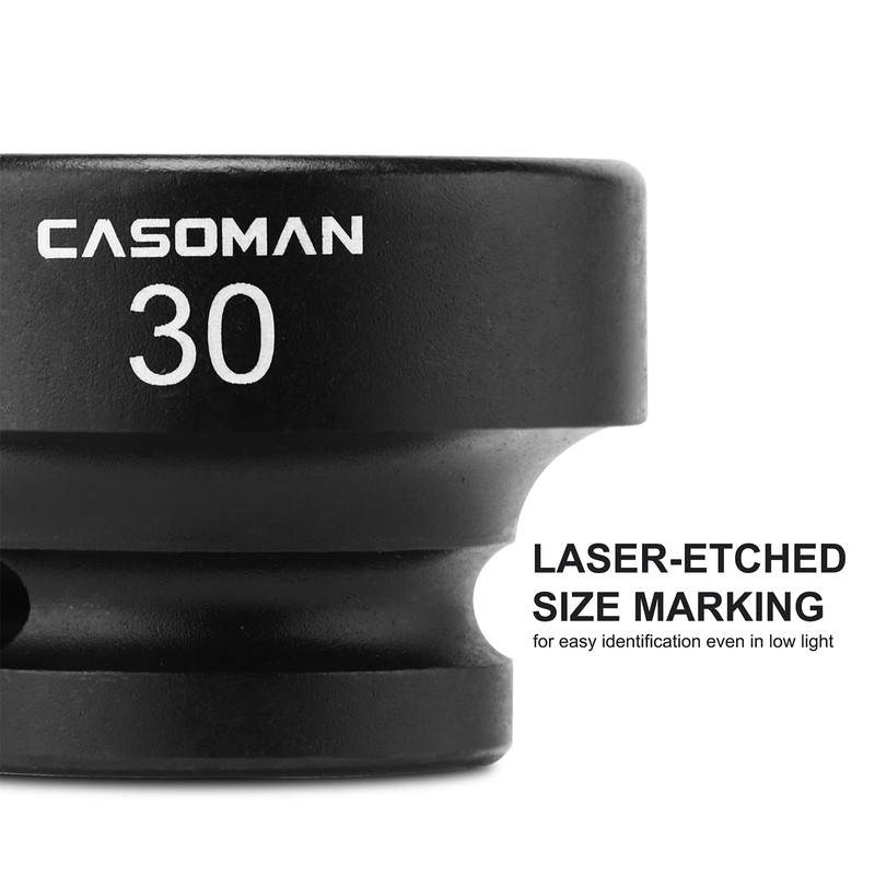 CASOMAN 1/2" Drive 30mm Stubby Impact Socket Set, 6-Point, 1.1"
