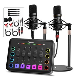 Podcast Equipment Bundle for 2, Audio Interface with XLR Condenser Microphone, and 3.5mm Mic,RGB, Mute,48V Phantom Power for Streaming,Gaming,Recording-Black (H1)