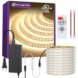 HitLights LED Strip Lights Kit Warm White with Remote & 24V Power Supply, 16.4ft Dimmable Tape Light 3000K, 600 LEDs, 425 lm/ft, CRI 90+, IP30, UL Listed, Lighting for Bedroom, Kitchen, Under Cabinets
