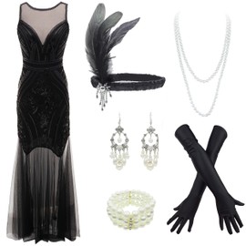 IWIWB 1920s Long Prom Dresses V Neck Beaded Sequin Maxi Dress with accessories set (X-Large, Style03-Black)