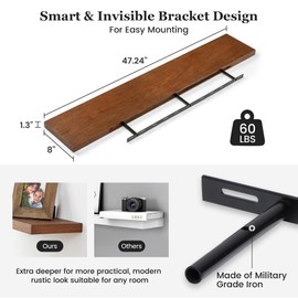 Fun Memories Floating Shelves, 8 Inch Deep Floating Shelves, Natural Oak Wood Floating Shelf 48 Inch Long, Rustic Wooden Wall Shelves for Home Storage, 48" W x 8" D, Walnut Oak Color, Set of 2