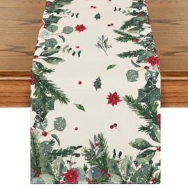 Artoid Mode Camino de Mesa Navideño de Hojas Verdes Flor de Pascua Acebo, Decoración de Mesa de Cocina y Comedor de Invierno Estacional para Fiesta en Casa 13x36 Pulgadas