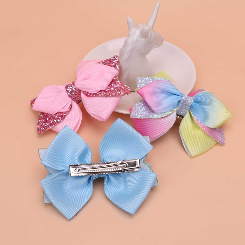 4" Glitter Rainbow Ribbon Hair Bow Clips - Sparkly Alligator