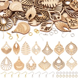 EEE ELECRELIVE 14 Pairs Wooden Dangle Earring Making Kit - Teardrop, Rhombus, Kite, Leaf Shapes - Natural Wood Earring Blanks with Hooks for DIY Craft Jewelry Making