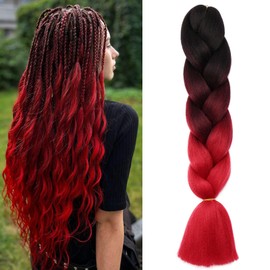 Benehair Braids Extensions Ombre Jumbo Synthetic Hair for Braiding Box Braids Hair Extension Braid Hair for Braiding for Women Girls Black/Red 60 cm