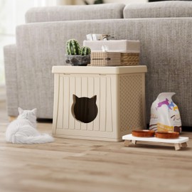 EHHLY Hidden Cat Litter Box Enclosure Furniture, Insulated Cat House Outdoor with Flip Lid for Easy Cleaning, Winter Feral Cat Shelter Weatherproof, Cat Hideaway Cave Side Table & Nightstand, Oatmilk