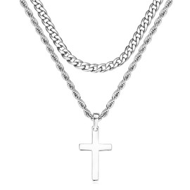 AOKSUNS Layered Cross Necklace for Men, S925 Sterling Silver Pendant Mens Silver Stainless Steel Cuban Link Twist Chain Pendant Necklaces Christian Fashion Jewelry Gifts 20/22 inches