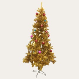 Wellwood 6 ft Tinsel Christmas Tree with 24ct Assorted Ornament Set, Metal Stand, Easy Assembly - Gold