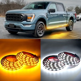 GOOACC Truck LED Running Board Lights 2PCS 70 Inch DRL LED Side Maker Light Kits for Extended & Crew Cab Trucks Pickup White Courtesy Light & Sequential Amber Turn Signal LED Lighting Strips