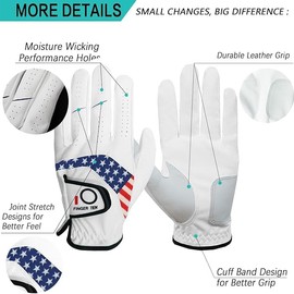 Mens Golf Gloves Right Handed Golfer 2 Pack Grip Left Hand with USA Flag Ball Marker Golf Glove Gift Set All Weather 10 Pack USA Flag Wooden Golf Tees Golf Kit(Medium)