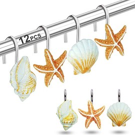 12 ganchos para cortina de ducha para baño, diseño de playa de océano, decoración del hogar, ganchos para cortina de ducha (concha: café claro, estrella de mar: bronceado, caracoa: café claro)