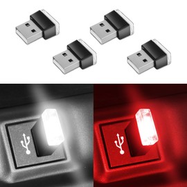 Wuyaoyao 4PCS USB LED Car Interior Atmosphere Lamp, Plug-in USB Interface Decor Lighting Kit, Portable Mini LED Ambient Night Light, Universal Car Accessories Ambient Light (2White+2Red)