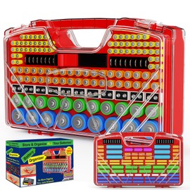 Battery Organizer Storage Holder Box Case with Tester, New Ultra-Large 285+Batteries Double-Sided Variety Pack, Holds AA AAA 4A C D 9V 3V Button Cell Lithium18650 CR2 CR123 CR1632 LR44 - Red