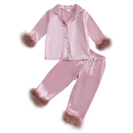 Qiylii 2-Piece Baby Girl Satin Pajamas Feather Trim Button-Up Pajamas Sleeper Silk Shirt Pant Toddler Long Pajamas Nightgown (Pink, 12-18 Months)