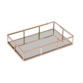 JollyCaper Rosegold Mirror Vanity Tray, Rectangle 12x8x2 Inches - Jewelry, Perfume, Makeup Organizer - Decorative Metal Tray for Dresser, Bathroom, Living Room, Bar Cart
