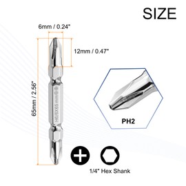 sourcing map Magnetic Double Ended Screwdriver Bit 6mm PH2 2.56"/65mm 1/4" Hex Shank CR-V Steel Two Sided Phillips Cross Screw Driver Bit for Power Screwdriver Impact Drill Tool