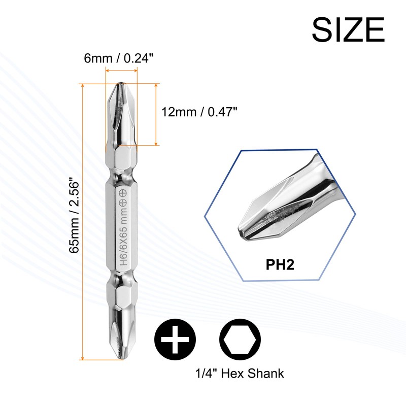 sourcing map Magnetic Double Ended Screwdriver Bit 6mm PH2 2.56"/65mm