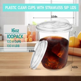 Foxtell 100 Pcs 16 Oz Clear Plastic Cups with Strawless Sip Lids Disposable Round Bottom Togo Cups for Iced Coffee Smoothie Beverage Cold Drinks Disposable Iced Coffee Cups for Party Catering BBQ