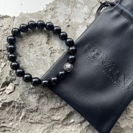Forziani Natural Black Onyx Beaded Bracelet with Trident Logo - Prosperity and Peace - Adjustable Size - Genuine 8mm Black Gemstone Beads Bracelet Unisex Men Women - Made in USA - Great Gift