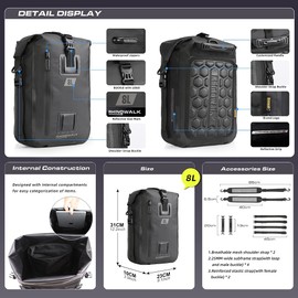 Rhinowalk Motorcycle Tail Bag Motorbike Side Bag 8L Full Waterproof Motor Saddle Pannier Bag Rear Rack Trunk Professional Motor Accessories-Black