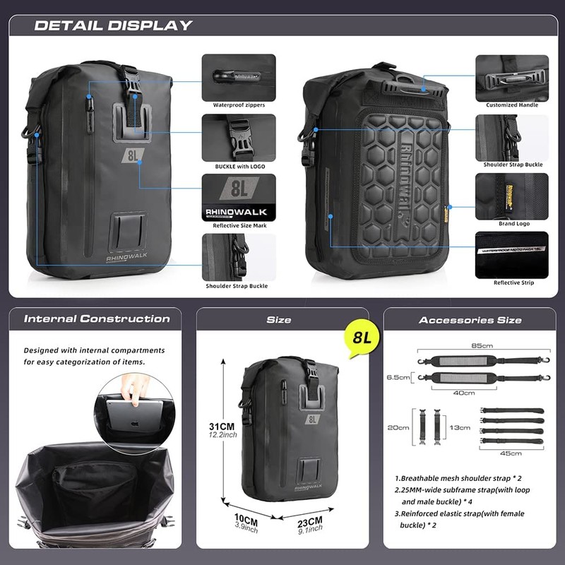 Rhinowalk Motorcycle Tail Bag Motorbike Side Bag 8L Full Waterproof