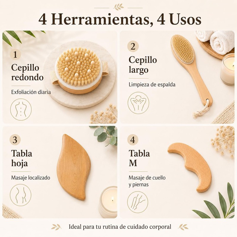 Kit de Cepillos Corporales de Cerdas Naturales y Gua Sha