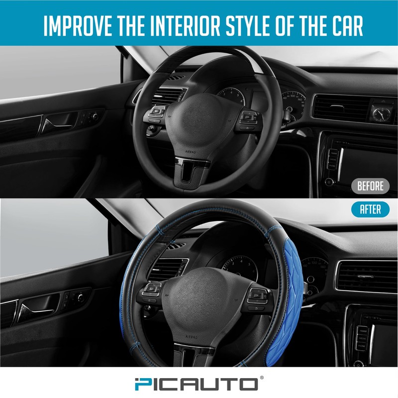 PIC AUTO Steering Wheel Cover, Blue Thick Rhombic Foam and