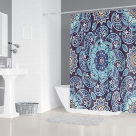 M&W DAS DESIGN Shower Curtain Circles Mandala Boho Textile Flowers Plant Curtain Swirl Flora Mould Resistant Dark Purple Leaves Retro Oriental Includes 12 C-Rings Weight Bottom